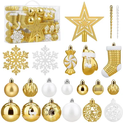 Produktbild von Weihnachtskugeln Set 128-teilig Kunststoff Gold Weiß mit Baumspitze und Stern