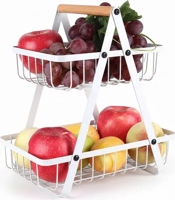 Produktbild von Relaxdays Obst Etagere, 2-stöckig, Metall, Holzgriff, HxBxT: 34 x 26 x 17 cm, Obst & Gemüse, eckige Obstschale, weiß