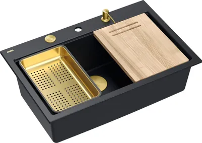 Obrázok produktu pre QUADRON drez 1-miskový | rozmery: 76 x 50 x 23,5 cm | MARC 110 | Granitový drez GraniteQ so sifónom + dávkovač + doska | čierna/zlatá