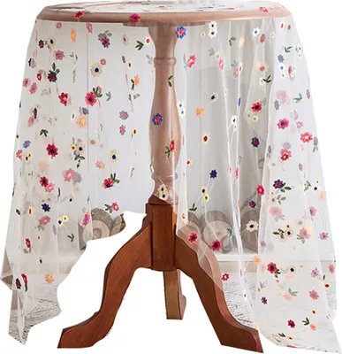 Produktbild von Transparente Esstischmatte, dünnes, sichtbares Netzgewebe, bunte Blumenstickerei, runder Tischschutz, dekorative Tischdecke für Partydekoration