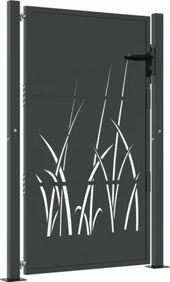 A dark gray metal garden gate with a cut-out grass design.