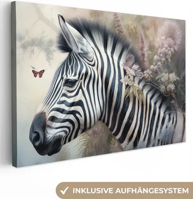 Produktbild von MuchoWow® - Leinwandbilder - Zebra - Wilde Tiere - Schmetterling - Blumen, Wandbild, Wanddeko Bilder Wohnzimmer, 120x80cm
