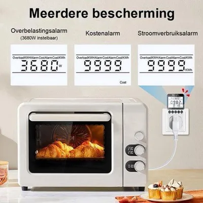 Productafbeelding van stroommeter voor stopcontacten, met LCD-achtergrondverlichting, energiekostenmeter, energiemeter stopcontact overbelastingsbeveiliging 3680W