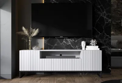 Produktbild von TV-Schrank Glamour TV-Schrank Elpis 2 Dreitürig Modern Lindner Möbel 150cm x 51,5cm x 36,5cm Farbe: Weiß matt Rahmen: Schwarz - Metall