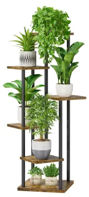 Produktbild von 6-stufiger Pflanzenständer für den Außenbereich, 115 cm hoch, aus Metall und Holz, Pflanzenregal, Blumentopfständer, Pflanzenleiter für Balkon, Garten, Wohnzimmer, schwarz