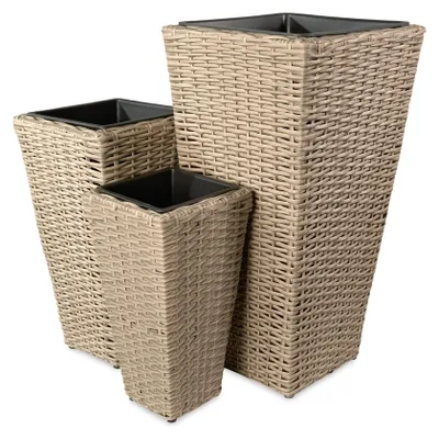 Produktbild von di volio Pflanzkübel Set VINCEZI 3 hohe quadratische Polyrattan Töpfe Beige