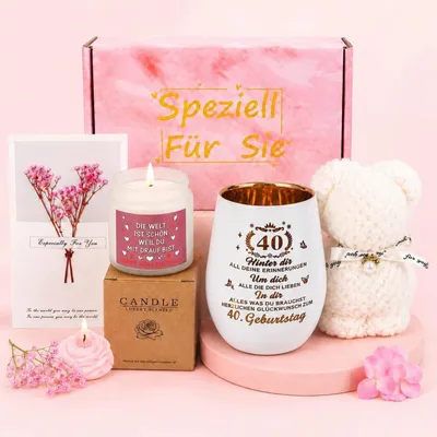 Produktbild von Geschenkset 40. Geburtstag Frauen mit Duftkerze und Windlicht, 6-teilig