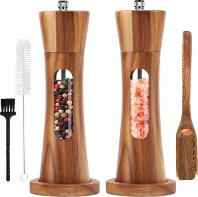Produktbild von Pfeffermühle Holz Salz und Pfeffer mühle 2er Set mit Untersetzer Manuell Gewürzmühle verstellbarem Keramikmahlwerk Salzmühle für Pfeffer Salz Gewürze