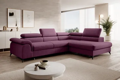 Produktbild von Moderne Ecksofa PLAZA L mit einstellbare Kopfstützen, Eckcouch in L-Form mit Schlaffunktion und Bettkasten. Soffa, Bettsofa, Couchgarnitur - WHISPER 14 VIOLET