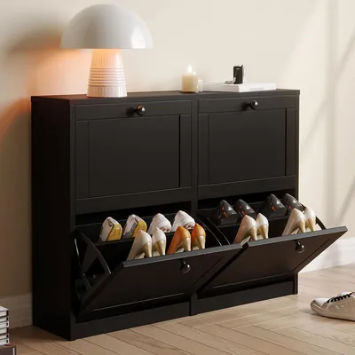 Produktbild von VOWNER Schuhschrank mit 4 Klappen, schmal, 105 x 24 x 80 cm, Schwarz