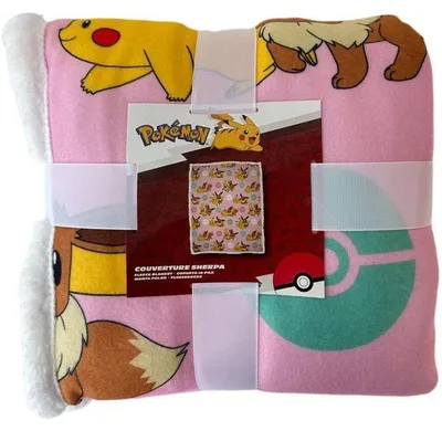 Zdjęcie produktu dla Koc polarowy "Sherpa" z motywem Pokémon: Pikachu i Evoli, dwustronny wzór, wymiary 100 x 150 cm