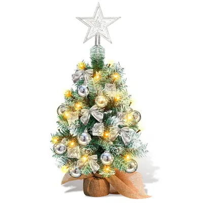 Productafbeelding van Yakimz 40 cm mini kerstboom met 30 warmwitte LED's, 8 lichtmodi, kerstboom met ster als top en decoratieve verlichting, werkt op batterijen, geschikt voor advent, kerst, zilver