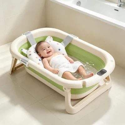 Produktbild von Faltbare XL Baby Badewanne,Reisebadewanne mit Rutschfestem Badekissen,Ergonomisches Design,Baby Bathtub Geburtsgeschenke Für Kleinkinder 72x45x17cm