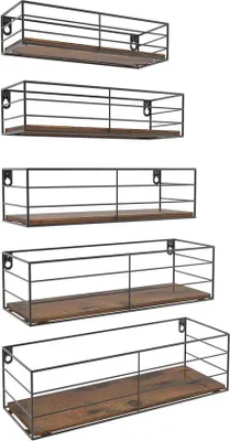 Produktbild von Famanu Wandregal Set 5 Stück - Rustikale Holzregale mit schwarzem Metall