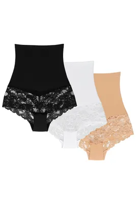 Produktbild von Wolbar Damen Hipster 3er Pack  Slip Spitze Miederslip Hohe Taille Figurformende WB183 , beige-weiß-schwarz, S