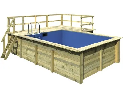 Produktbild von Aufstellpool Holzpool-Set Karibu Grösse 2 rechteckig 582x483x124 cm inkl. Bodenschutzvlies, Innenauskleidung mit Keilbiese & Leiter mit Plattform