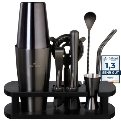 Produktbild von BARMINGO® Edelstahl Boston Cocktail Set 11tlg. – 825ml Cocktail Shaker mit Ständer & Bar Zubehör, Cocktailshaker Set, Barkeeper Set, Barset, Schwarz