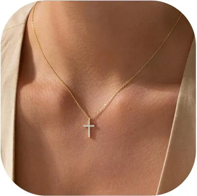 Produktbild von TINGN Damen Goldkreuz Layered Halskette - 14K Gold Vergoldet Exquisit Kristall Modeschmuck