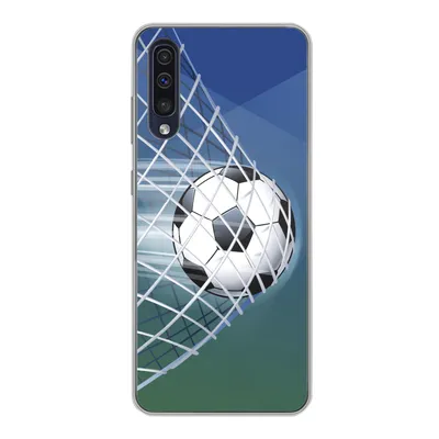 Produktbild von MuchoWow® Handyhülle Schutzhülle Hülle für Samsung Galaxy A30s Eine Illustration eines Fußballs im Netz - Jungen - Mädchen - Kinder Silikon Softcase Handy Hülle - Karteninhaber