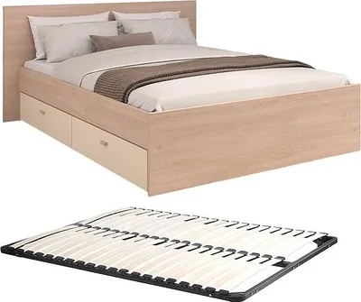 Produktbild von Bett mit 2 Schubladen – 140 x 190 cm + Lattenrost – Natur & Beige – VELONA
