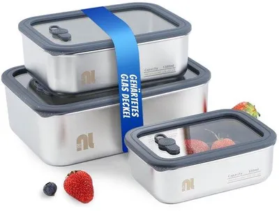 Image de Lot de 3 récipients alimentaires en acier inoxydable, adaptés au micro-ondes et au lave-vaisselle