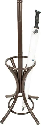 A dark brown coat rack with a white umbrella in it, on a white background.