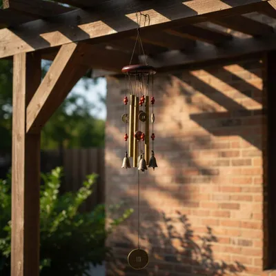 Produktbild von Windspiel mit 4 Metallröhren und 5 Glöckchen, eine Hängedekoration, ein Schmuckstück für Haus und Garten.