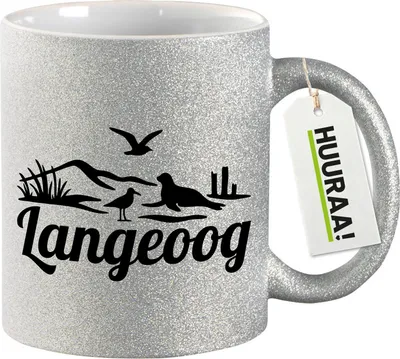 Produktbild von Huuraa Glitzertasse Langeoog Strandmotiv 330ml Silber Keramik Kaffeebecher Geschenkidee