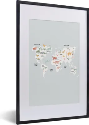 Produktbild von MuchoWow® Gerahmtes Poster Weltkarte - Kind - Dino 40x60 cm - Poster mit Schwarzem Bilderrahmen Wandposter Rahmen Foto Bilder - Poster in Rahmen