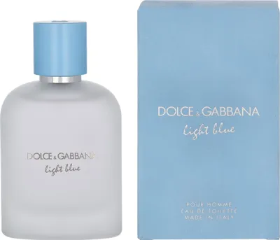A bottle of Dolce & Gabbana Light Blue Pour Homme Eau de Toilette and its packaging are displayed side-by-side against a white background.