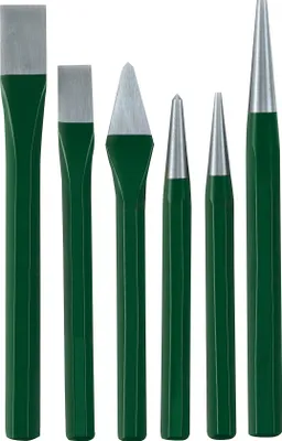 A set of six metal chisels and punches with green handles, arranged in a row against a white background.