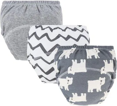 Immagine prodotto di Set da 3 pantaloncini morbidi per il vasino - Pantaloncini per il vasino Pampers lavabili - grigio + curva grigia + orso polare grigio scuro (pannolini) - adatti a bambini e bambine da 12 a 18 kg
