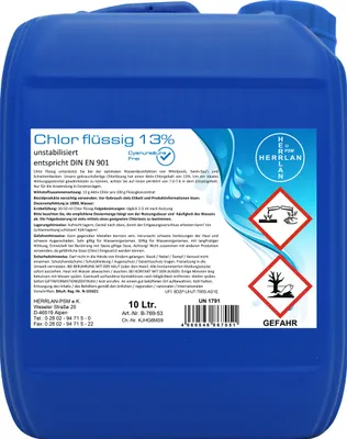 Produktbild von Chlor flüssig 10 Liter (12 Kg) unstabilisiert mit 13% Chlor – Hochwirksame Wasserdesinfektion für Pools, Whirlpools und SwimSpa´s