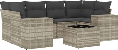 Produktbild von vidaXL 7-tlg. Garten-Sofagarnitur mit Kissen Hellgrau Poly Rattan