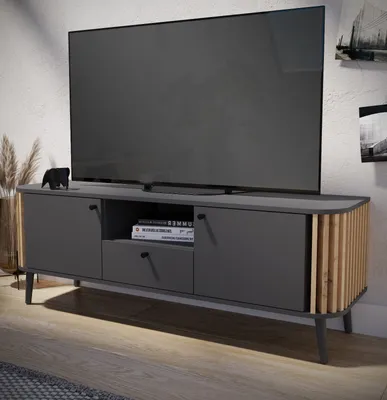 Produktbild von TV-Lowboard "Pretty" in grau und Artisan Eiche mit Lamellen TV Unterschrank 138 cm Retro Design
