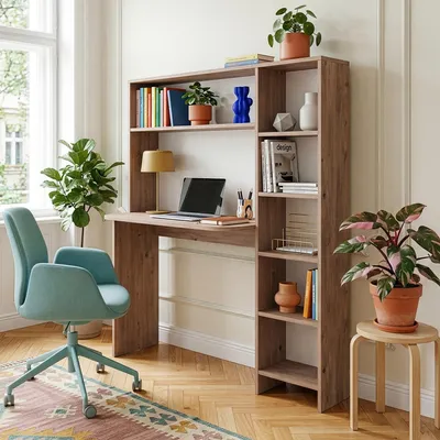 Image de Bureau avec étagère « Onega » 143 x 114 x 40 cm, avec 6 compartiments ouverts, couleur bois