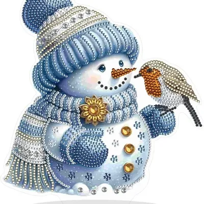A diamond painting kit featuring a snowman and a robin, decorated with rhinestones.