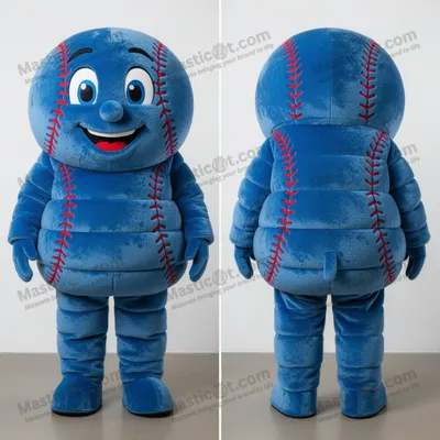 Image de Mascotte MASTICOT en costume de balle de baseball bleu marine et blanc