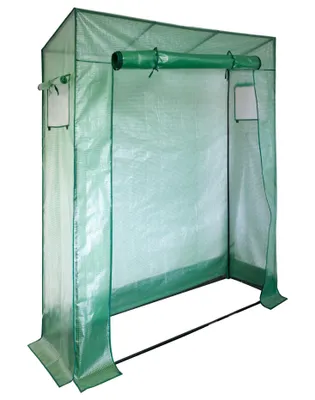 A green greenhouse tent with a roll-up door and windows, shown from the front.