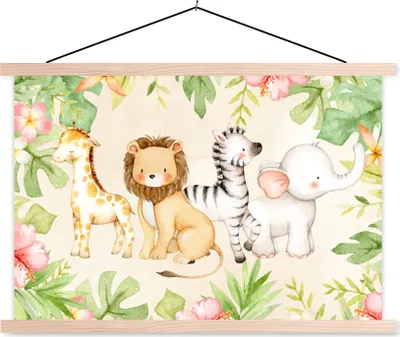 Produktbild von MuchoWow® Textilposter Dschungel - Tiere - Blumen - Pflanzen 60x40 cm mit holzfarbenen Rahmen - Bilder