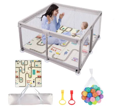 Produktbild von Laufstall Baby, Laufstall 120x120cm, Laufgitter Baby mit Matratze, Laufgitter 600D Oxford Gewebe, Playpen mit Atmungsaktivem Netz, 50 Ozeanbällen,Grau