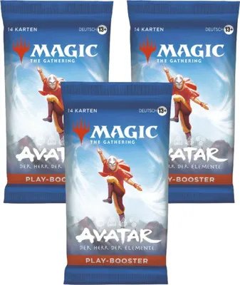 Produktbild von 3× Magic the Gathering Avatar: Herr der Elemente Play Booster Deutsch – Offizielle MTG-Erweiterungspacks mit seltenen & exklusiven Karten + Heartforcards Versandschutz