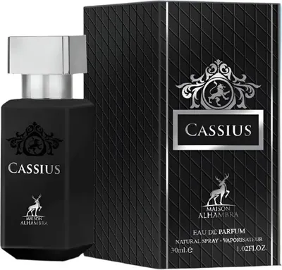 A black perfume bottle and its packaging are displayed against a white background.
