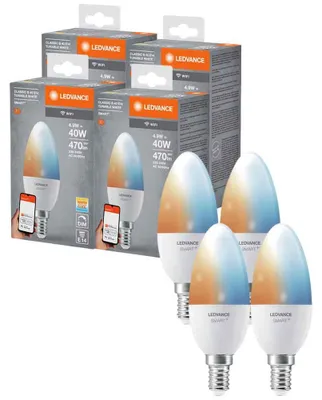 Produktbild von 4 x Ledvance LED Smart+ Kerze 4,9W = 40W E14 matt 470lm CCT 2700K-6500K Dimmbar App Google Alexa WiFi