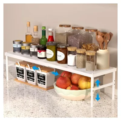 Produktbild von Erweiterbares Schrankregal 72 cm, Küchengewürzregal, Verstellbares & Stapelbares Küchenregal Organizer, für Küchenschrank und Speisekammer, geeignet für verschiedene Arbeitsplatten (Weiß)