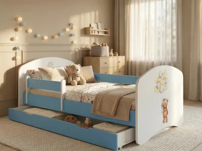 Produktbild von Kleinkinderbett 140x70 in Blau inkl. Matratze, Rausfallschutz & Stauraum-Schublade | Hochwertiges Motiv-Bett für Kinder