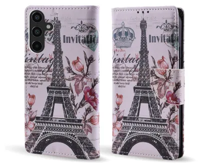 Produktbild von Handy Hülle für Samsung Galaxy A55 5G Klapphülle Bookcase Flip Cover Handy Tasche Etui Motiv: Eiffelturm Paris Blumen
