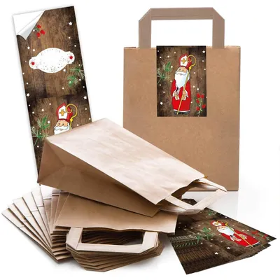 Produktbild von 100 braune natur Kraftpapier Papiertüte Geschenk-Tasche mit Henkel Boden 18 x 8 x 22 cm + 100 Aufkleber FROHE WEIHNACHTEN DANKE KUNDEN MISTELN weiß rot schwarz beige Geschenk Verpackung bioHeiliger Nikolaus / 25 Stück