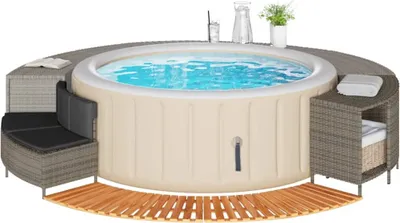Produktbild von vidaXL Whirlpool-Umrandung, Grau, aus Poly Rattan & Akazien-Massivholz, 73/112x45x55 cm (LxBxH), multifunktional mit Bank, Regal & Treppen, inkl. Kissen mit abnehmbarem, waschbarem Bezug, UV-beständig, max. 110 kg/Sitz Tragfähigkeit, robuster pulverbeschichteter Stahlrahmen, Outdoor