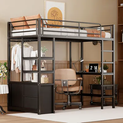 A loft bed with a desk, storage, and clothing rack, set up in a room.